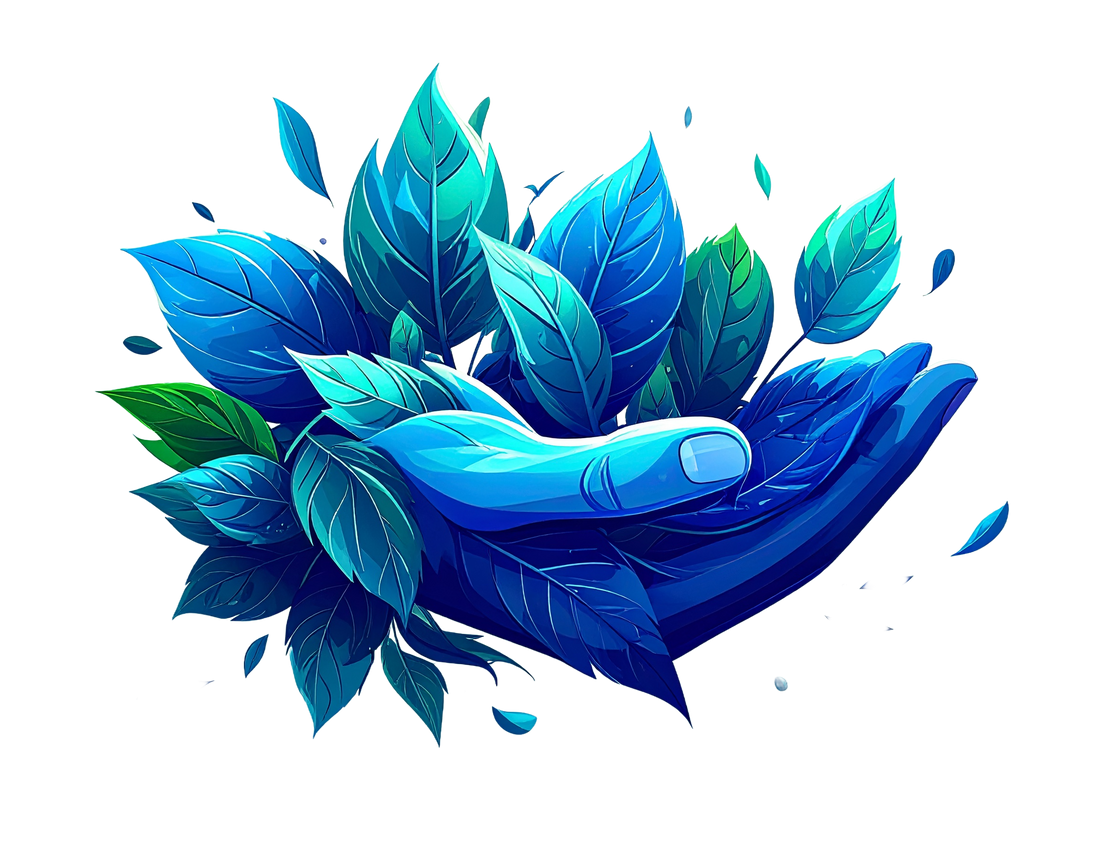 Hands holding blue and green leaves