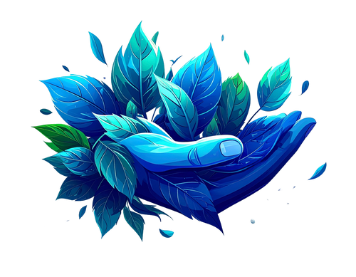 Hands holding blue and green leaves