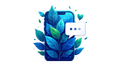 A phone made of blue and green leaves with a white chat bubble and a heart