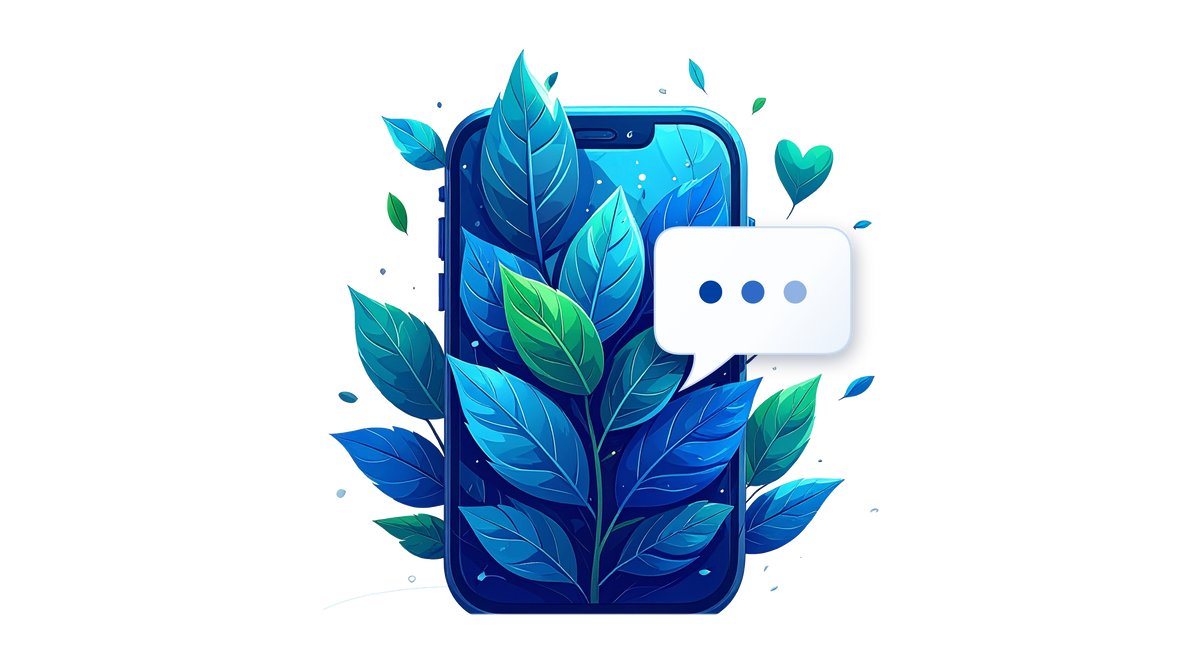 A phone made of blue and green leaves with a white chat bubble and a heart