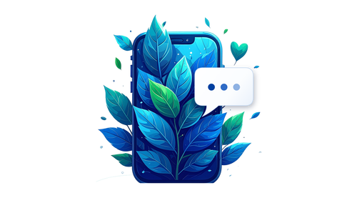 A phone made of blue and green leaves with a white chat bubble and a heart